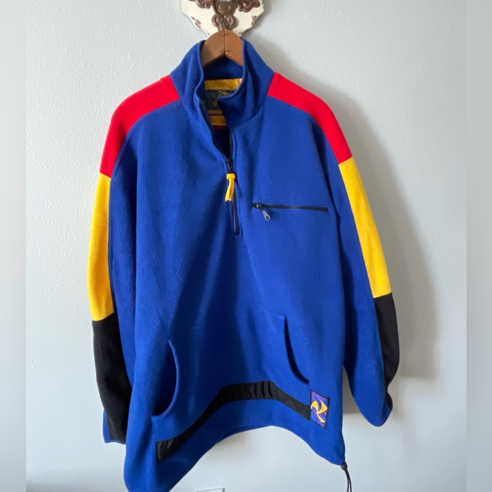 Vtg 80s 90s Rhinoceros Sport 1/4 Zip Fleece Pullover Jacket Blue  Red M Oversize